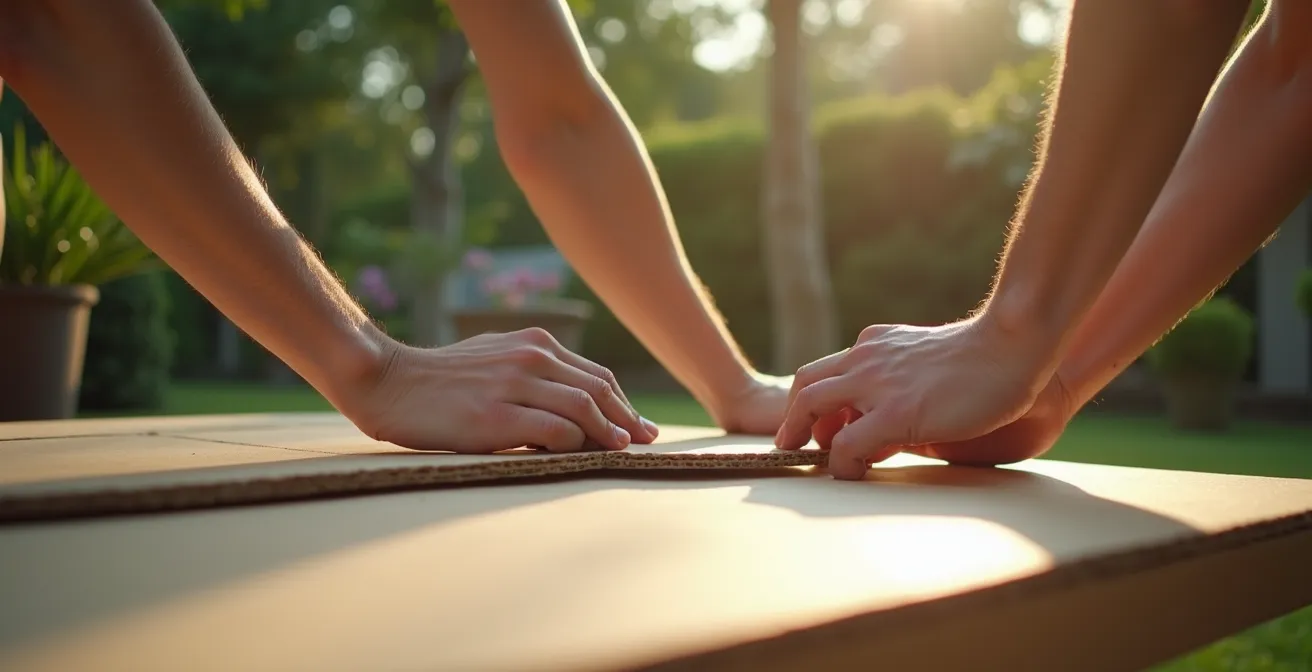 Personne testant l'emplacement d'une table avec des cartons dans son jardin