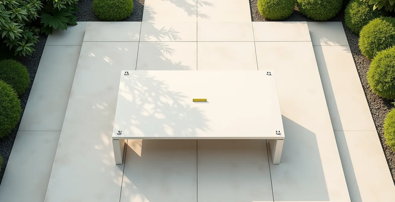 Vue aérienne schématique montrant les zones de circulation autour d'une table de jardin