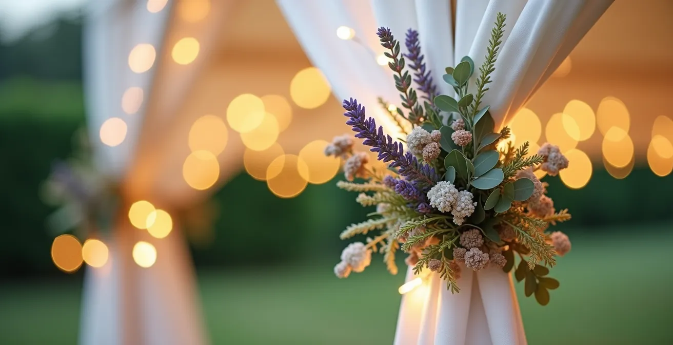 Détail de décoration florale sur structure de barnum avec guirlandes lumineuses