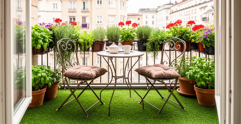 Petit balcon urbain avec gazon synthétique et mobilier bistrot