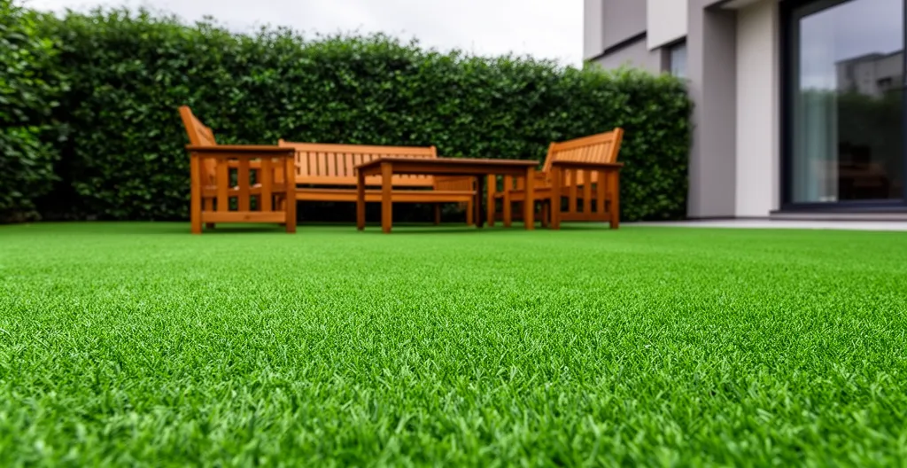 Jardin résidentiel avec pelouse synthétique verte et salon de jardin en bois