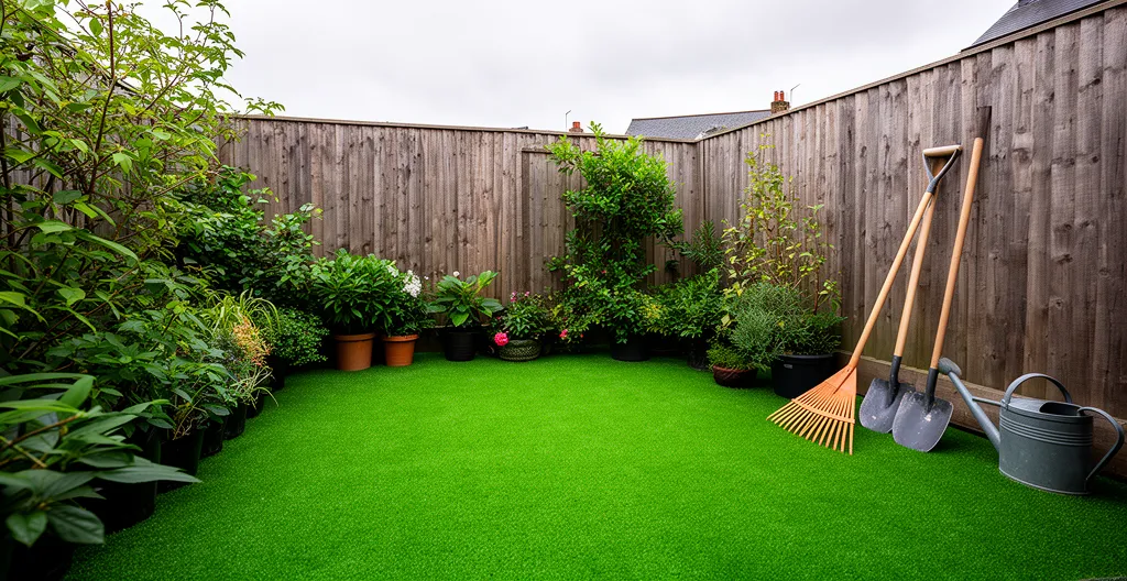 Jardin avec gazon synthétique fraîchement posé