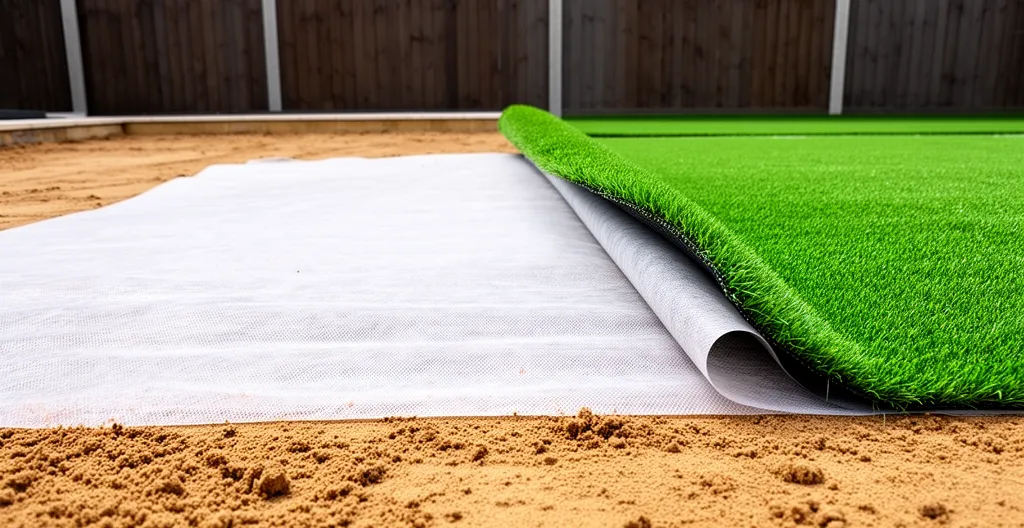 Sol nivelé avec géotextile visible avant pose de gazon synthétique