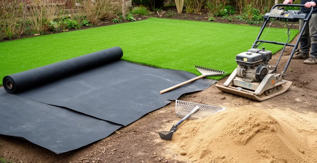 Chantier de préparation avec géotextile et outils de jardinage
