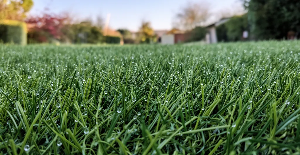 Gros plan sur brins de gazon synthétique avec gouttes d'eau