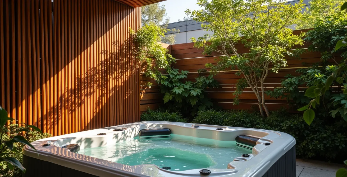 Espace spa entouré de claustras en bois ajouré avec plantes grimpantes et éclairage d'ambiance