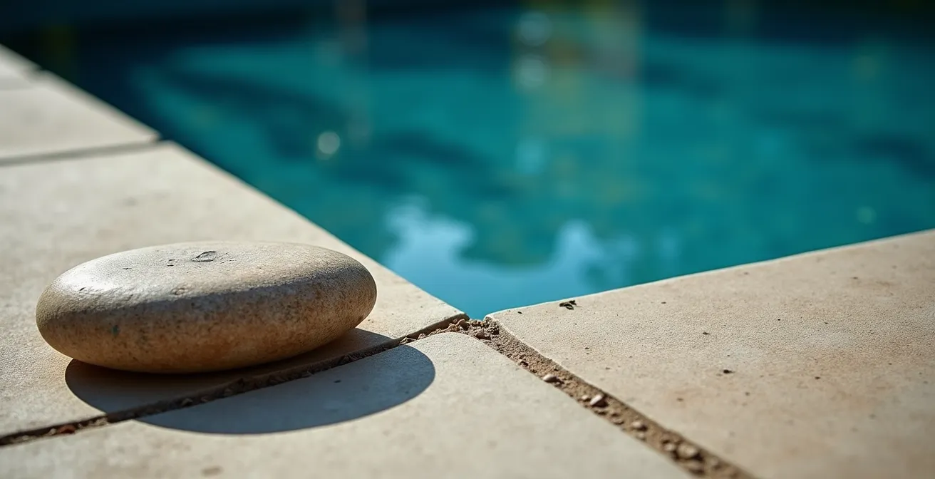 Détail technique d'un angle de margelle chanfreiné pour la sécurité