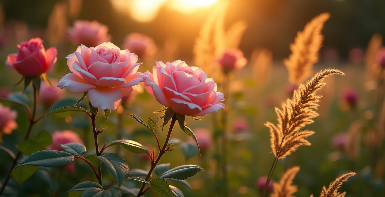 Scène automnale avec rosier remontant, népéta en fleur et graminées dorées captant la lumière rasante