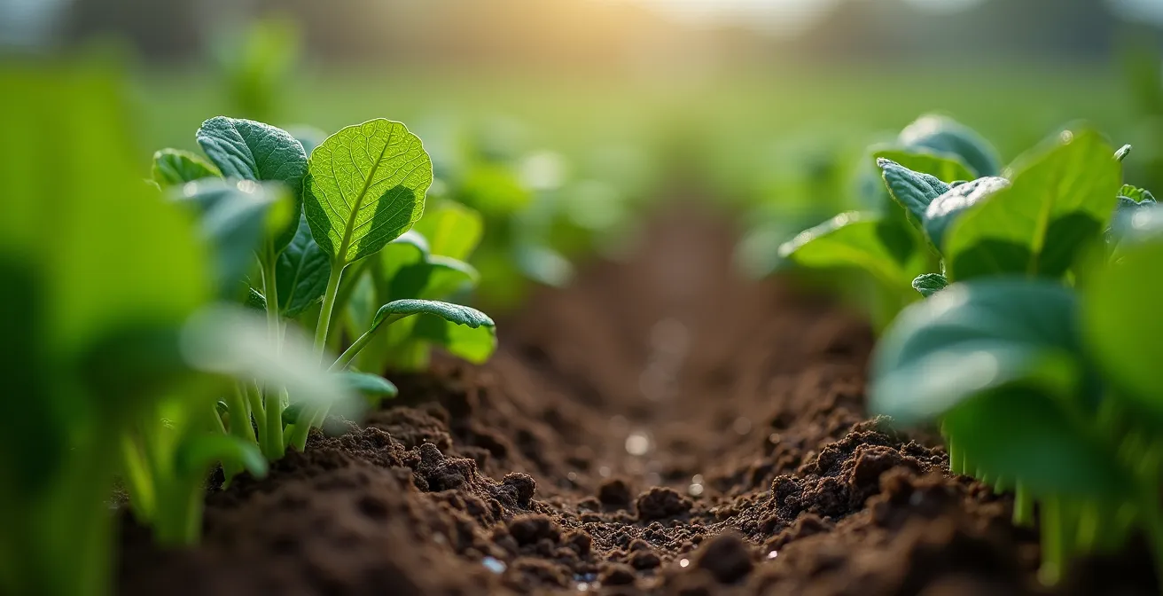 Vue macro détaillée de radis noirs entre rangées de carottes avec gouttelettes de rosée matinales