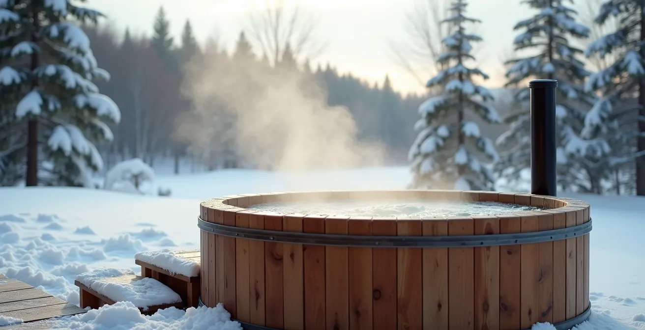 Bain nordique en bois fumant dans un jardin enneigé avec forêt en arrière-plan