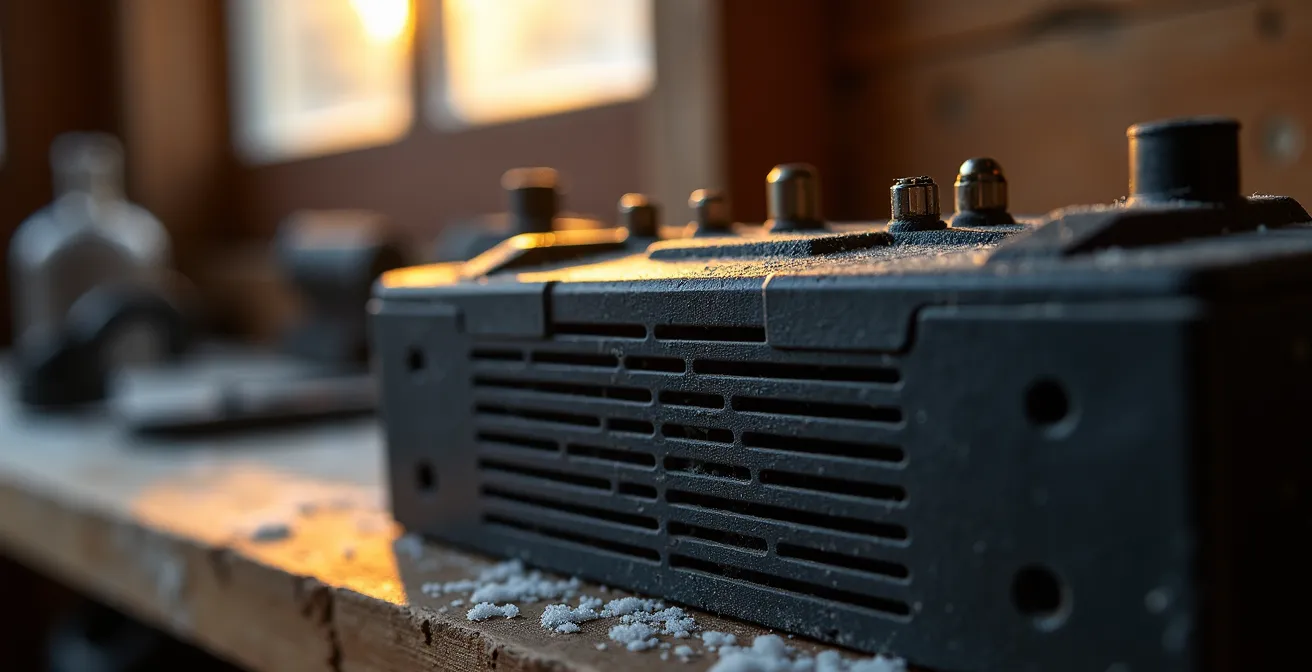 Batteries lithium-ion rangées sur étagère dans un garage chauffé