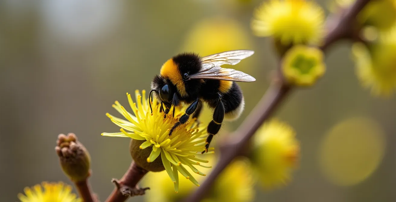 Bourdon butinant les chatons d'un saule marsault au début du printemps