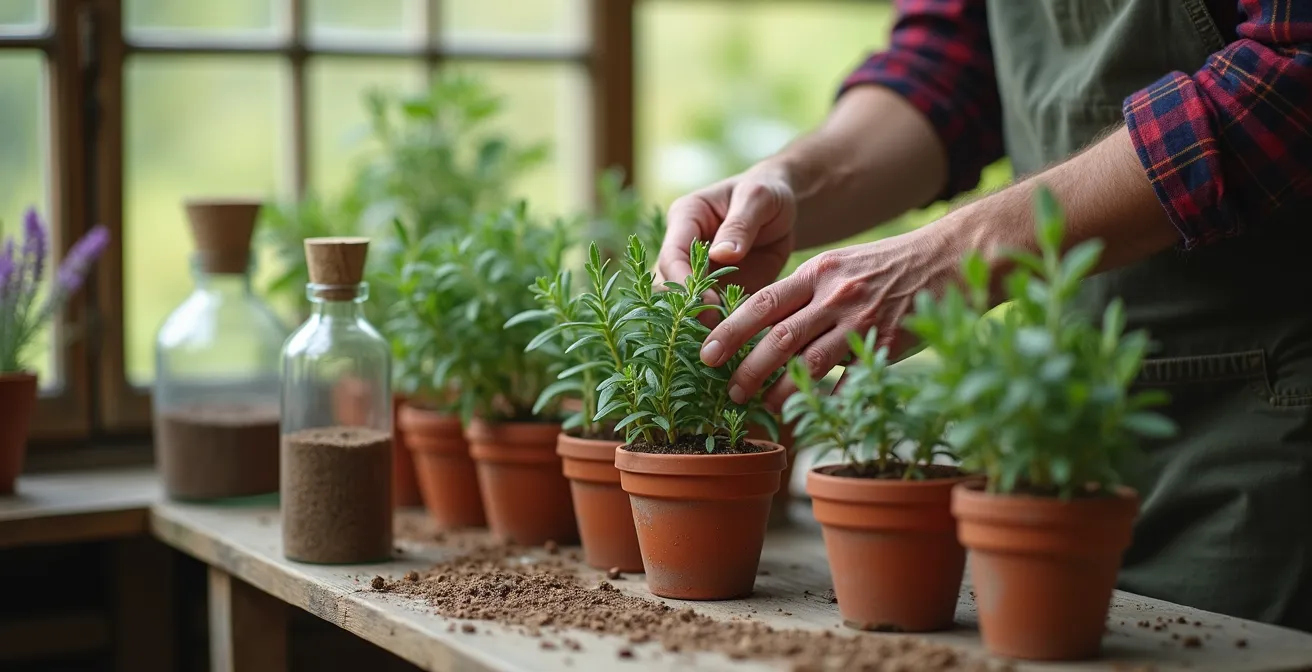 Préparation de boutures de sauge avec jeunes pousses tendres dans un mélange terreau-sable