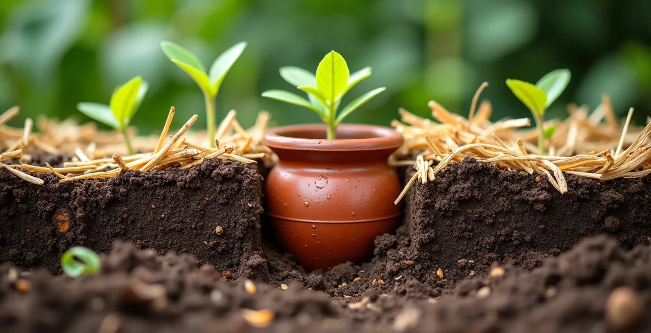 Coupe transversale d'une butte de permaculture montrant les couches de matériaux et un système d'irrigation par ollas