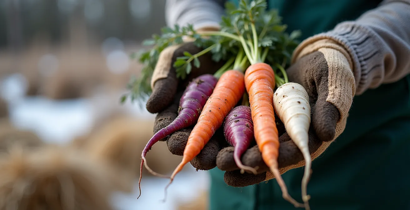 Main tenant des légumes racines fraîchement récoltés en hiver avec de la terre et du givre