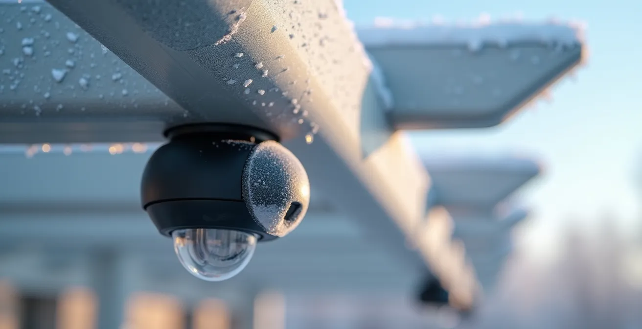 Gros plan sur les capteurs météo intégrés dans la structure d'une pergola bioclimatique