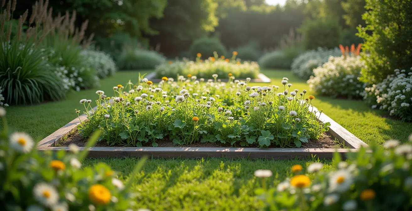Carré de biodiversité délimité par des bordures en bois avec orties et trèfles intégrés harmonieusement
