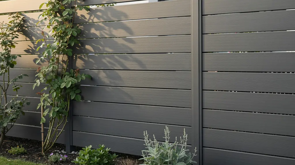 Claustra en bois composite moderne intégrée dans un jardin de lotissement