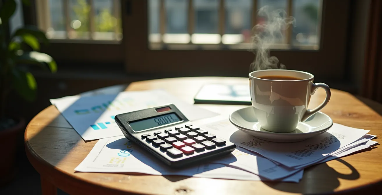 Table de terrasse avec calculatrice et factures d'électricité pour comparer les coûts