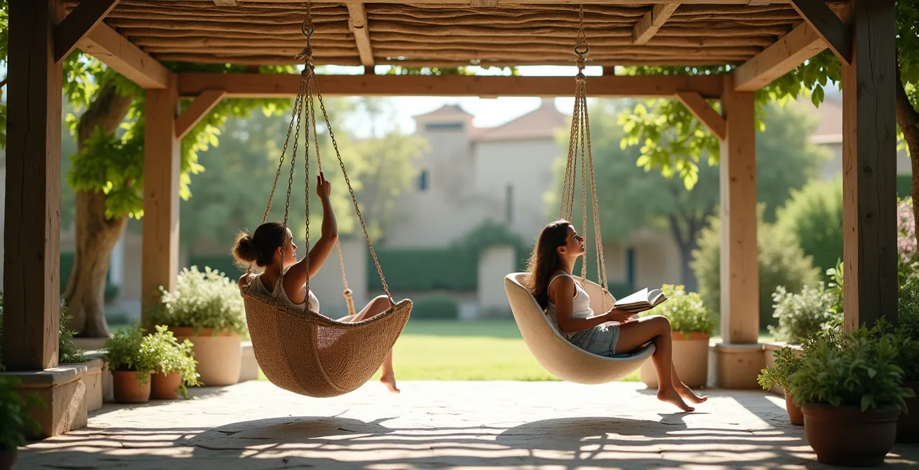 Vue latérale comparative d'une personne lisant dans un hamac et dans un fauteuil suspendu