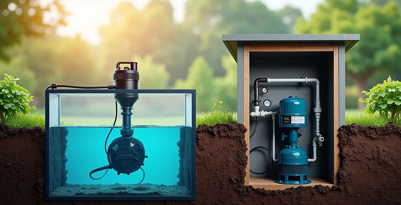 Installation technique montrant une pompe immergée dans une cuve et un surpresseur en surface