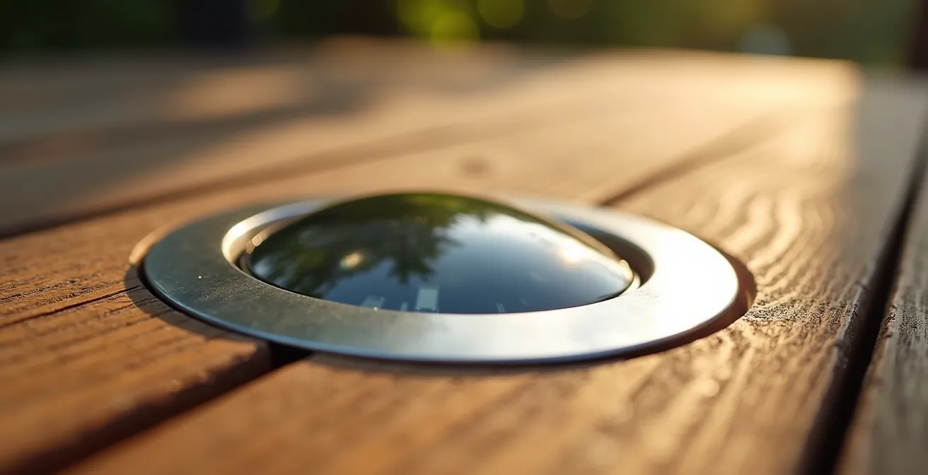 Gros plan sur un spot LED encastré dans une terrasse bois avec effet de chaleur minimal