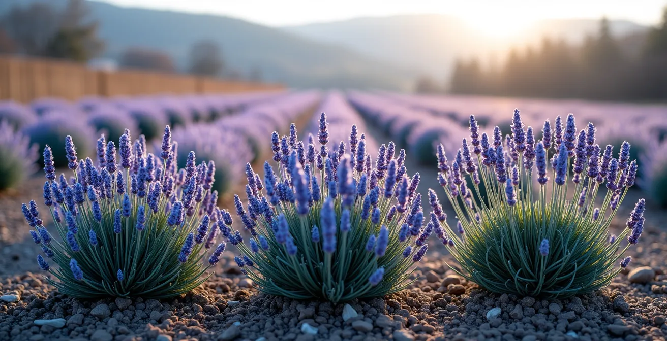 Trois variétés de lavande côte à côte montrant les différences de port et de couleur entre Hidcote, Munstead et Grosso