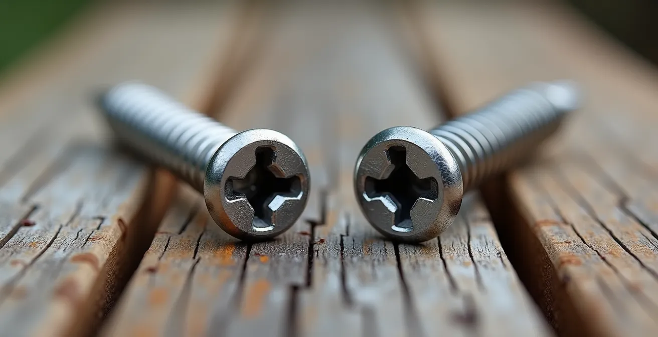 Comparaison détaillée entre vis inox A2 et A4 pour terrasse bois avec zones de corrosion