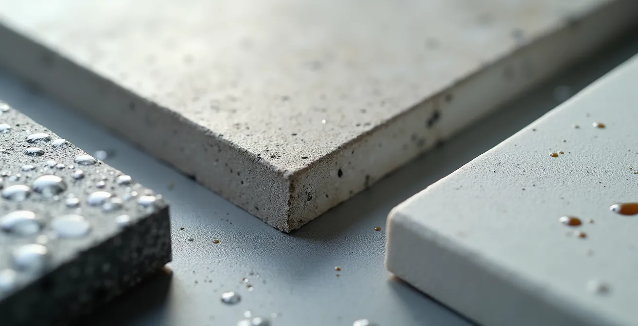 Macro détaillée de trois échantillons de matériaux : granit, béton ciré et céramique