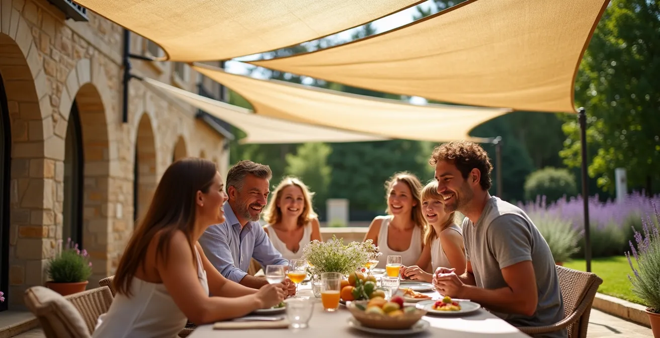 Vue aérienne d'une terrasse avec combinaison de voiles triangulaires et rectangulaires créant un jeu d'ombres géométriques