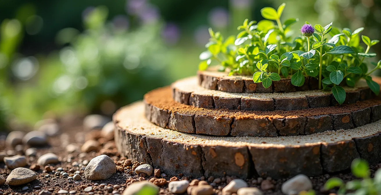 Vue en coupe d'une spirale aromatique montrant les différentes couches de matériaux et zones climatiques