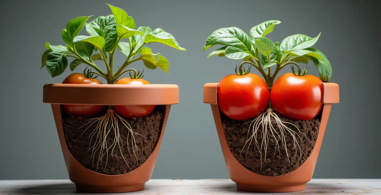 Vue en coupe d'un pot montrant le phénomène de nappe perchée avec les billes d'argile