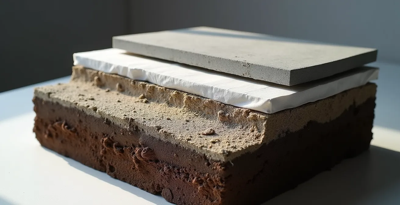 Schéma en coupe montrant les différentes couches de fondation d'une terrasse sur sol argileux