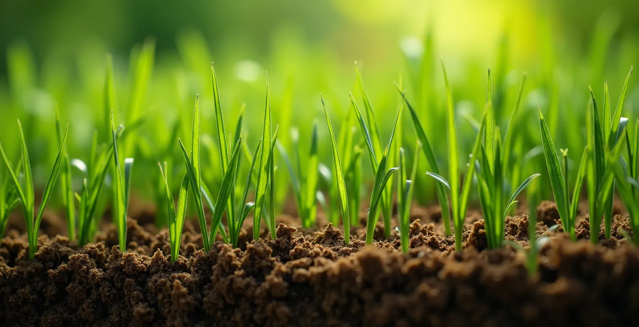 Vue macro de brins d'herbe finement coupés en décomposition sur le sol entre les racines du gazon