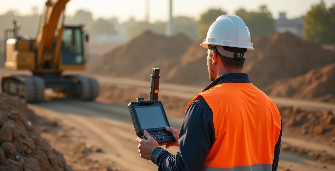 Technicien utilisant un géoradar pour détecter les réseaux enterrés sur un terrain
