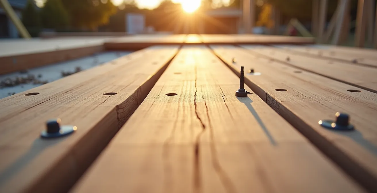 Vue technique montrant l'espacement correct entre lames de terrasse composite avec cales de dilatation