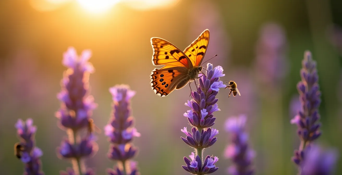 Vue d'ensemble d'un jardin mellifère français avec abeilles et papillons butinant diverses fleurs