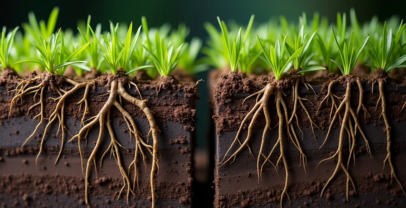Coupe transversale du sol montrant la différence d'enracinement entre semis d'automne et de printemps