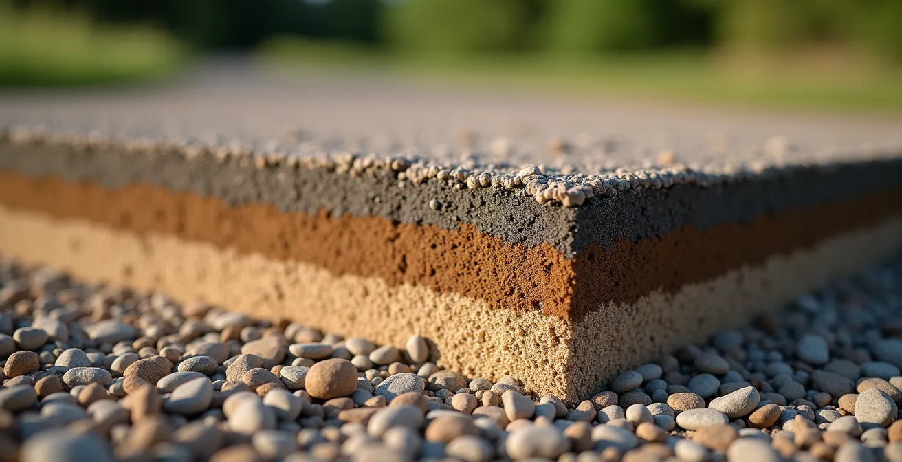 Coupe transversale montrant les différentes couches de fondation d'une allée carrossable avec leurs épaisseurs respectives