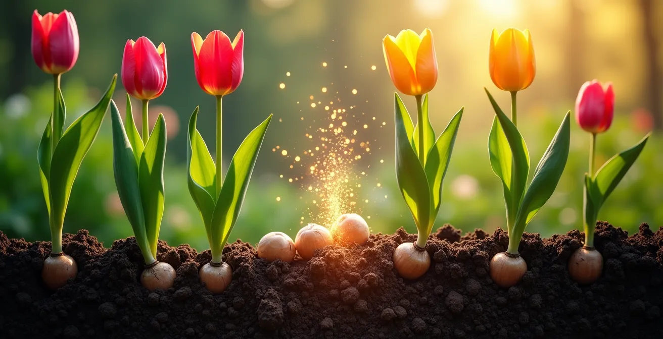 Coupe transversale montrant le transfert des nutriments du feuillage jaunissant vers le bulbe