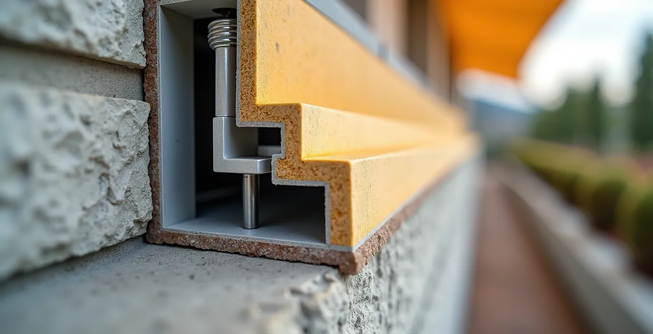 Vue détaillée d'une fixation Fischer Thermax installée sur un mur avec isolation thermique extérieure