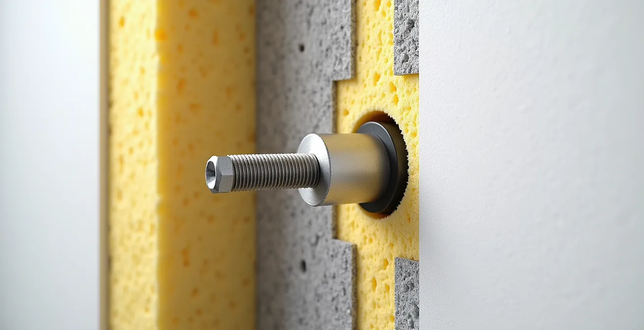 Gros plan sur système de fixation traversant une isolation thermique extérieure avec cheville spéciale