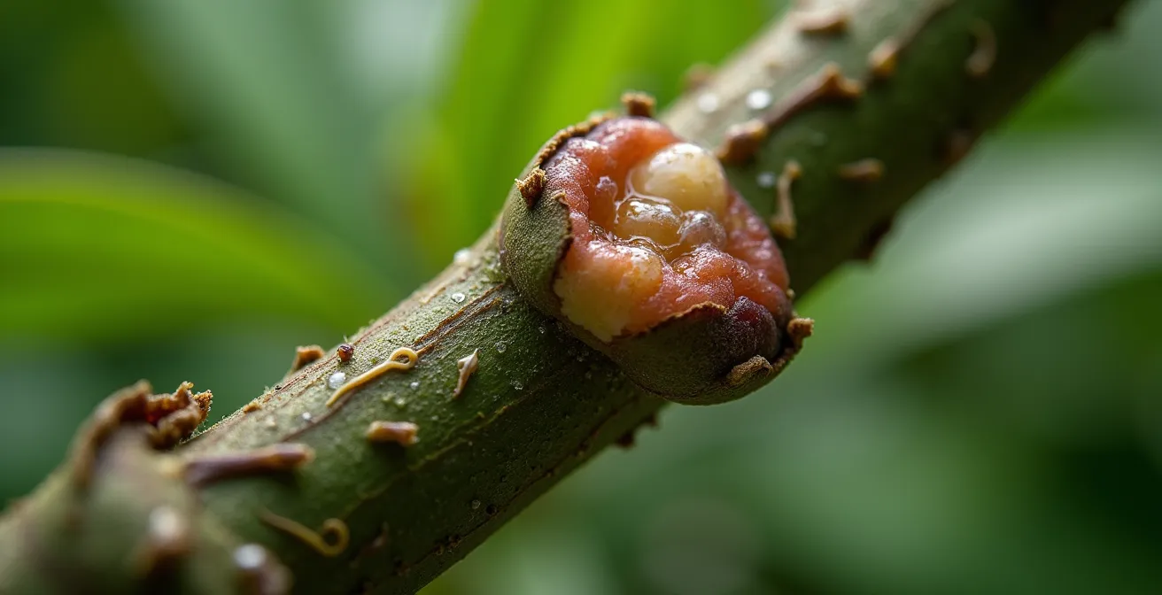 Vue macro des symptômes de la gale bactérienne sur une tige de laurier rose