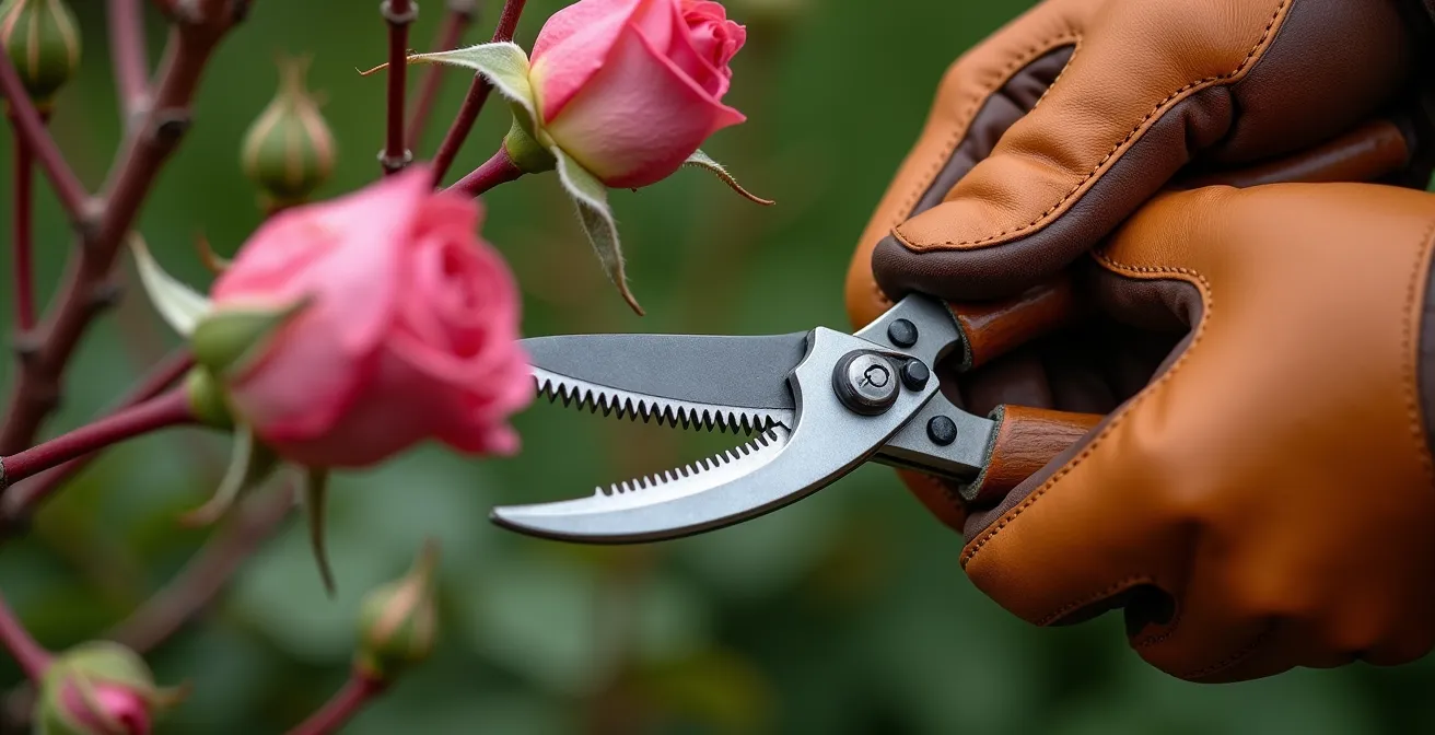 Gros plan macro sur des mains gantées manipulant un sécateur avec précision près d'une tige de rosier