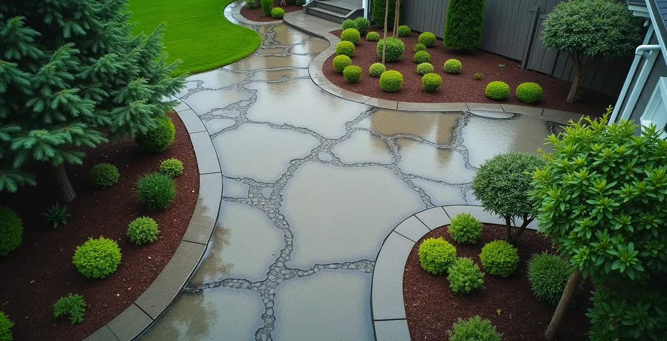 Vue aérienne d'une propriété montrant le système de drainage naturel d'une allée perméable avec écoulement des eaux