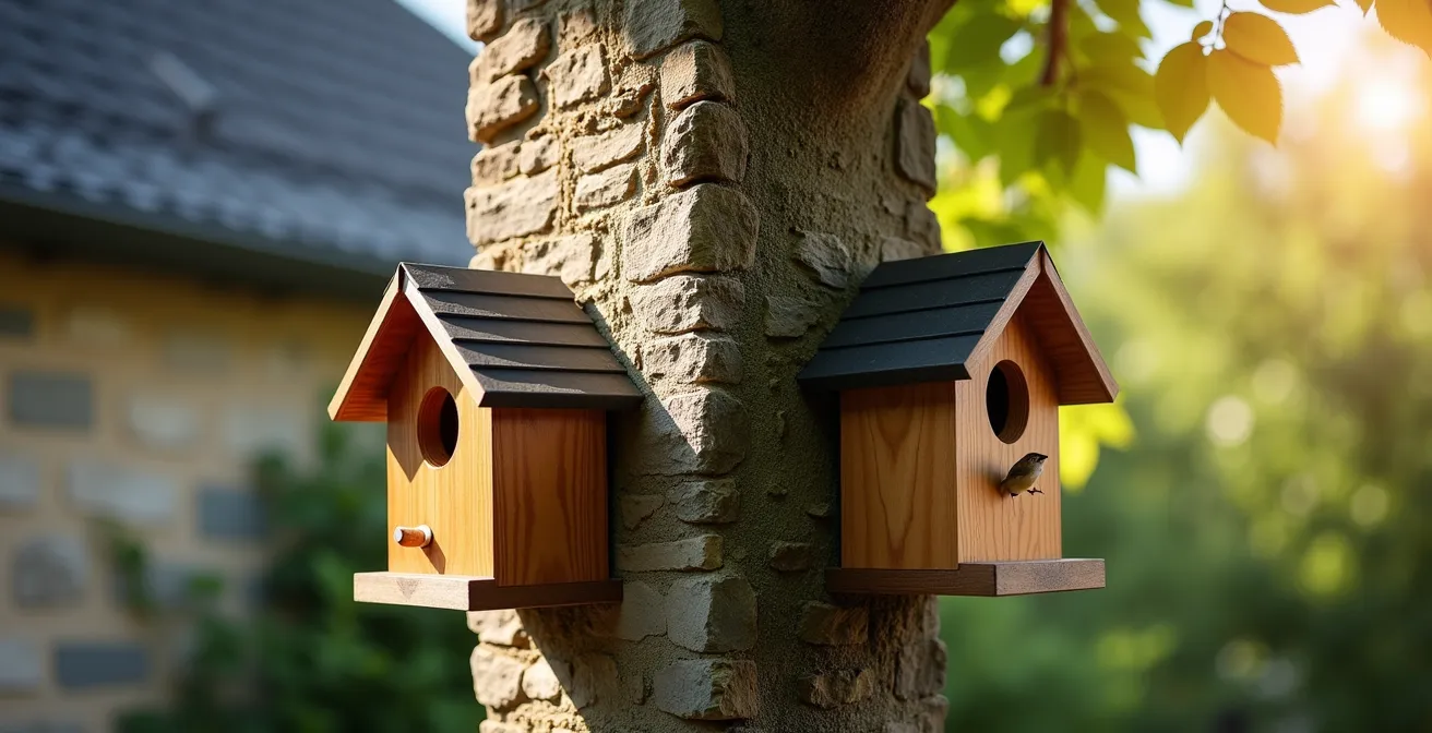 Installation d'un nichoir sur un arbre avec orientation nord-est, montrant l'ombre protectrice et l'inclinaison appropriée