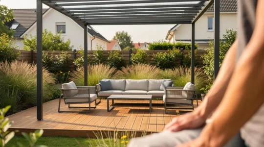 Jardin de lotissement moderne avec pergola à lames filtrant la lumière naturelle