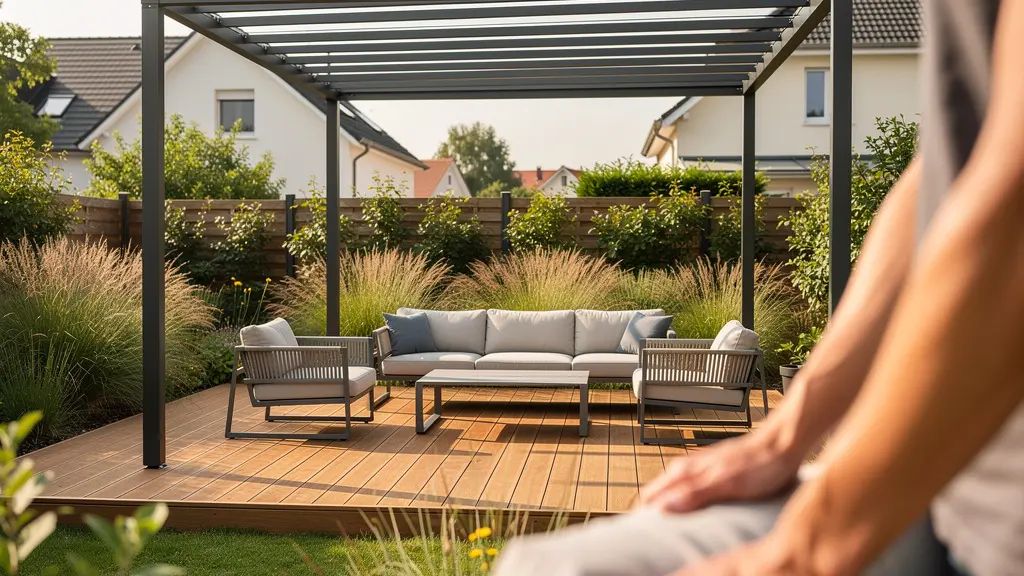 Jardin de lotissement moderne avec pergola à lames filtrant la lumière naturelle