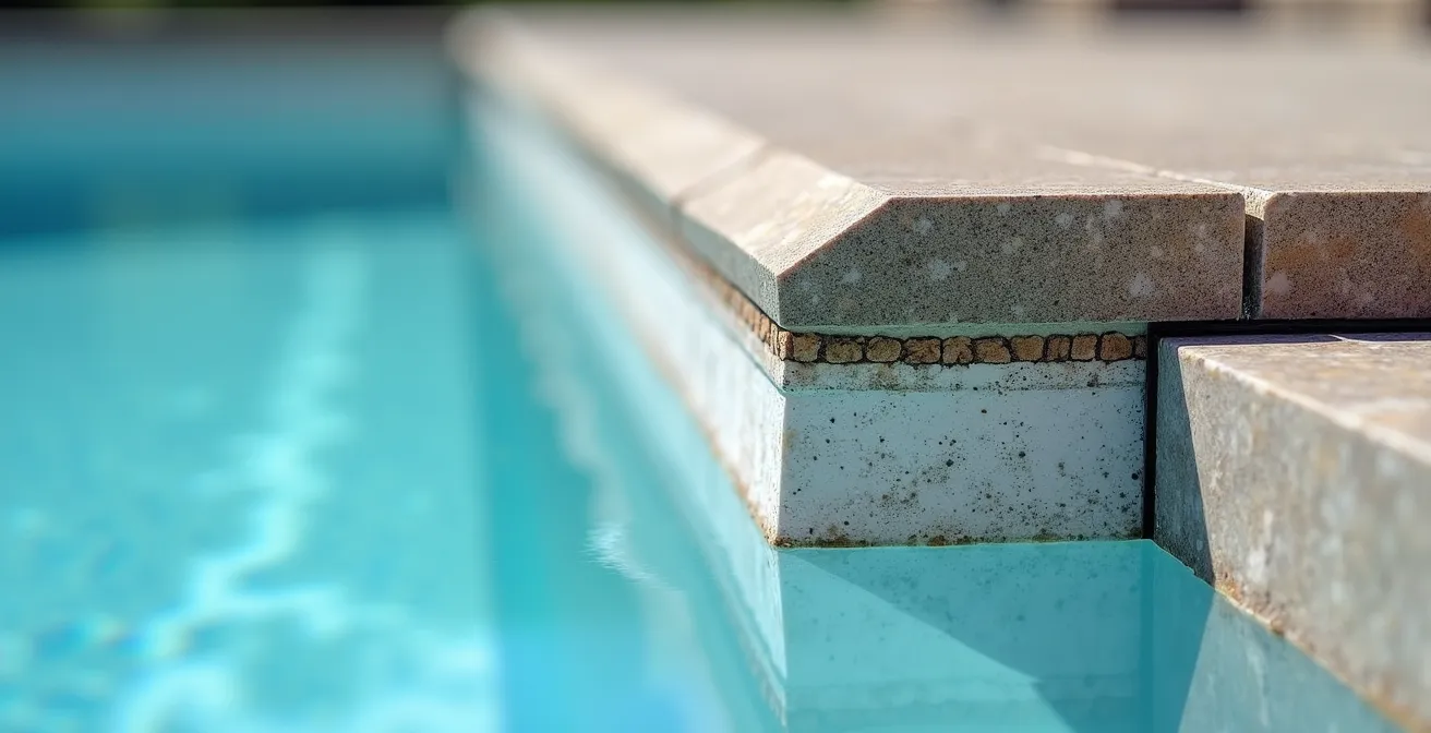 Vue en coupe d'un joint de désolidarisation entre une coque polyester et une margelle en pierre