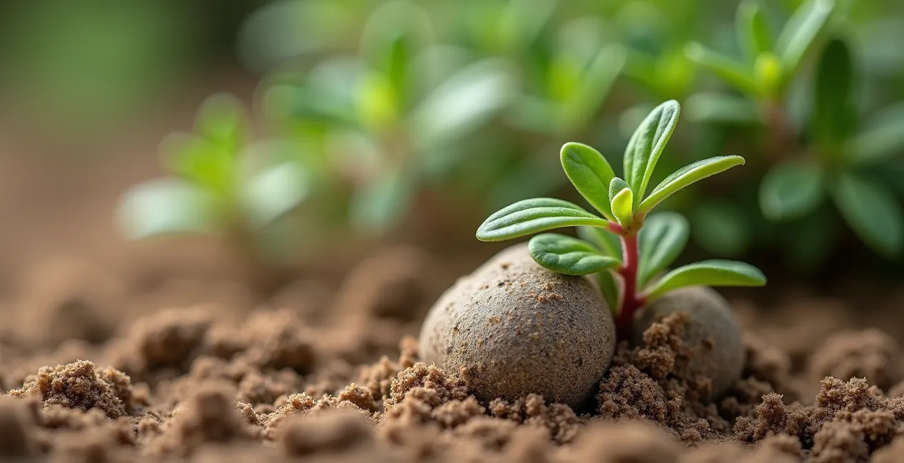 Technique de marcottage du thym avec branche courbée et maintenue au sol